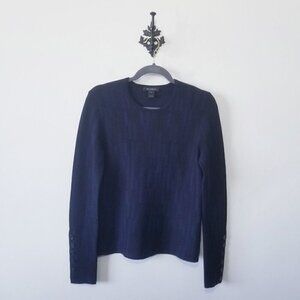 St. John Wool Blend Crew Neck Button Cuff Sweater Size S Blue Black EUC